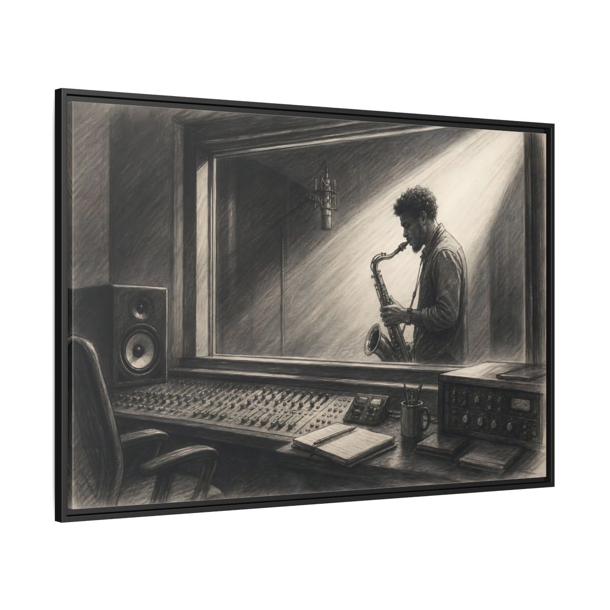 Side Mockup 12. Vintage Saxophone Player Monochrome Musician shown as framed canvas print