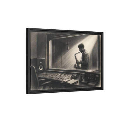 Side Mockup 3. Vintage Saxophone Player Monochrome Musician shown as framed canvas print