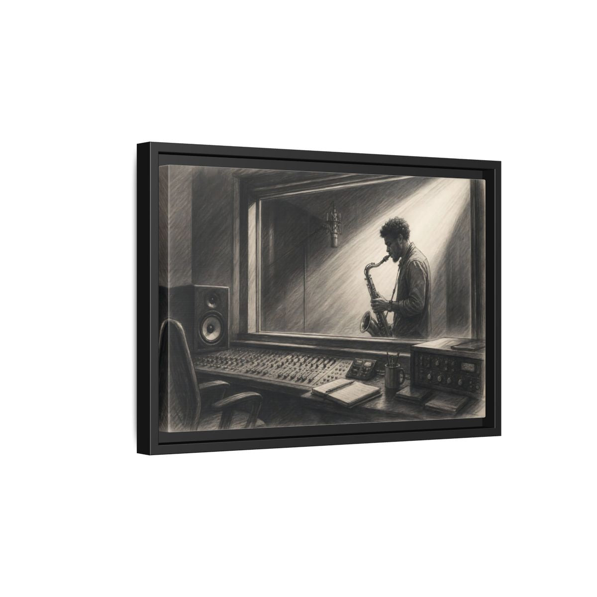 Side Mockup 6. Vintage Saxophone Player Monochrome Musician shown as framed canvas print