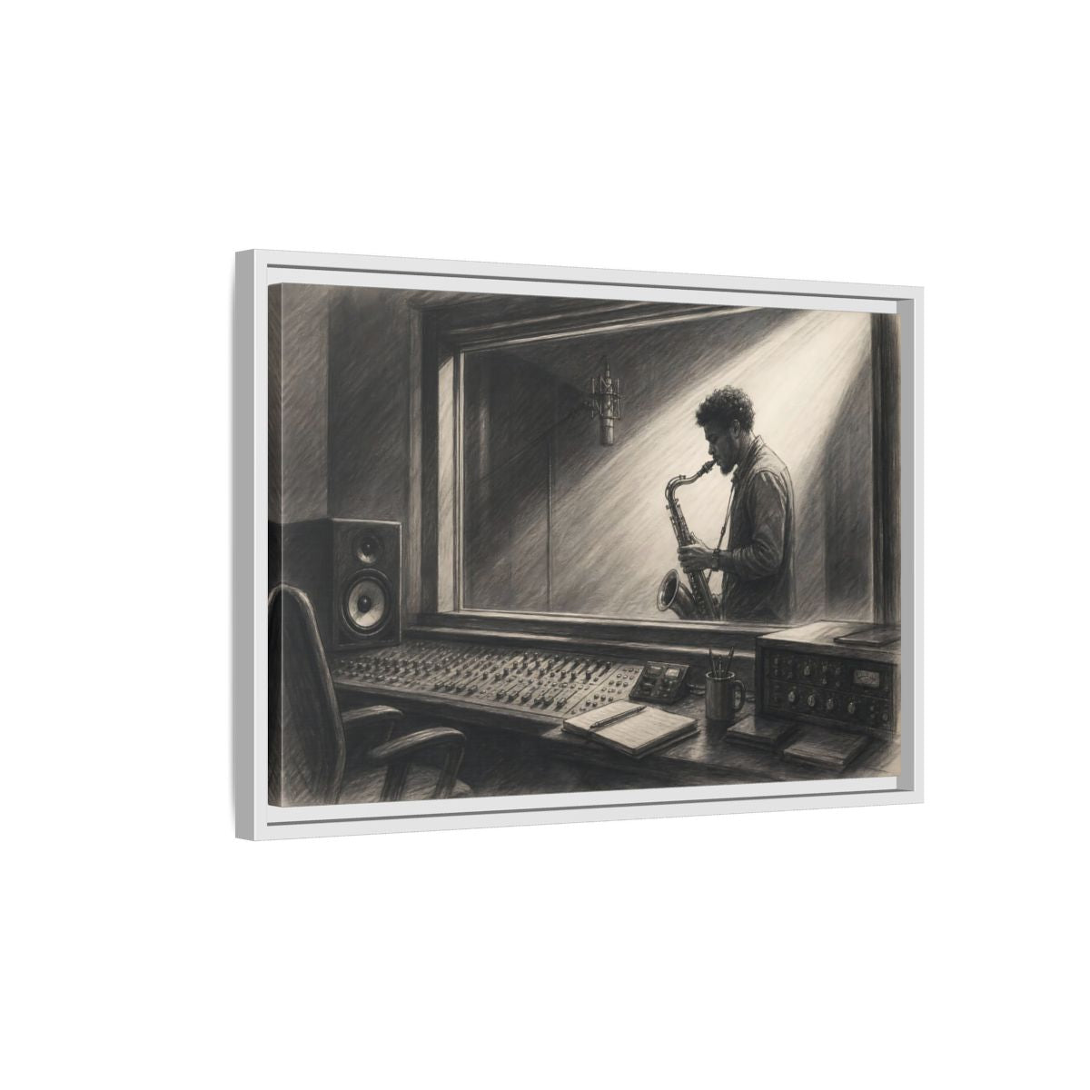 Side Mockup 1. Vintage Saxophone Player Monochrome Musician shown as framed canvas print