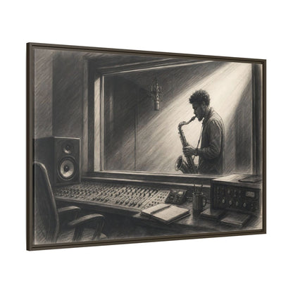 Side Mockup 8. Vintage Saxophone Player Monochrome Musician shown as framed canvas print