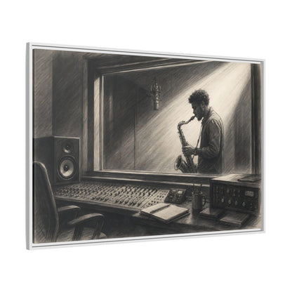 Side Mockup 7. Vintage Saxophone Player Monochrome Musician shown as framed canvas print