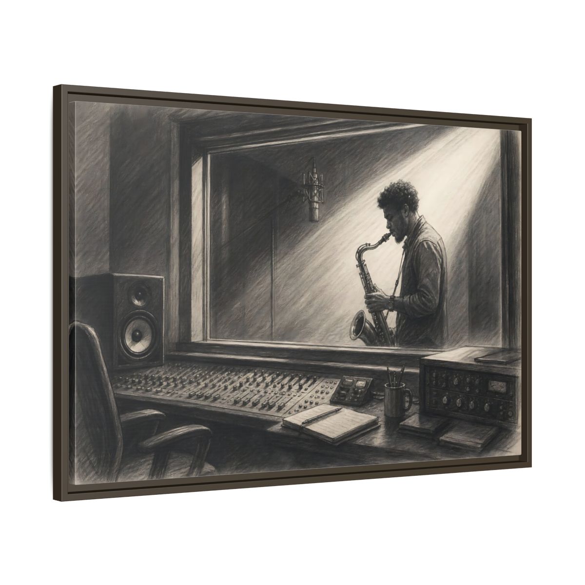 Main Mockup. Vintage Saxophone Player Monochrome Musician shown as framed canvas print