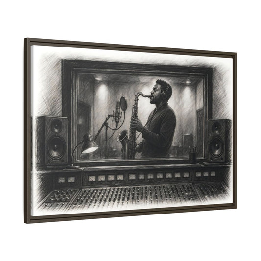 Main Mockup. Vintage Saxophone Player Monochrome Musician shown as framed canvas print