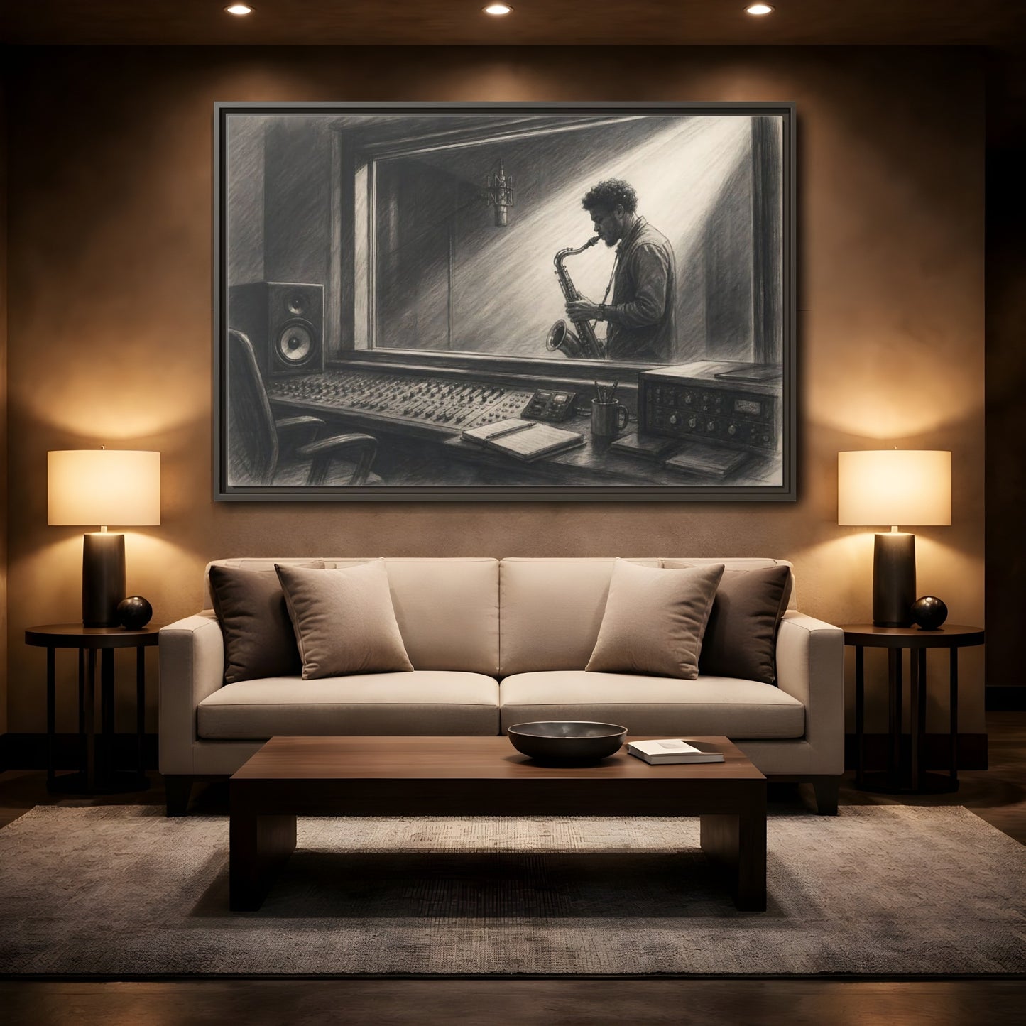 Mockup 2. Vintage Saxophone Player Monochrome Musician shown as framed canvas print