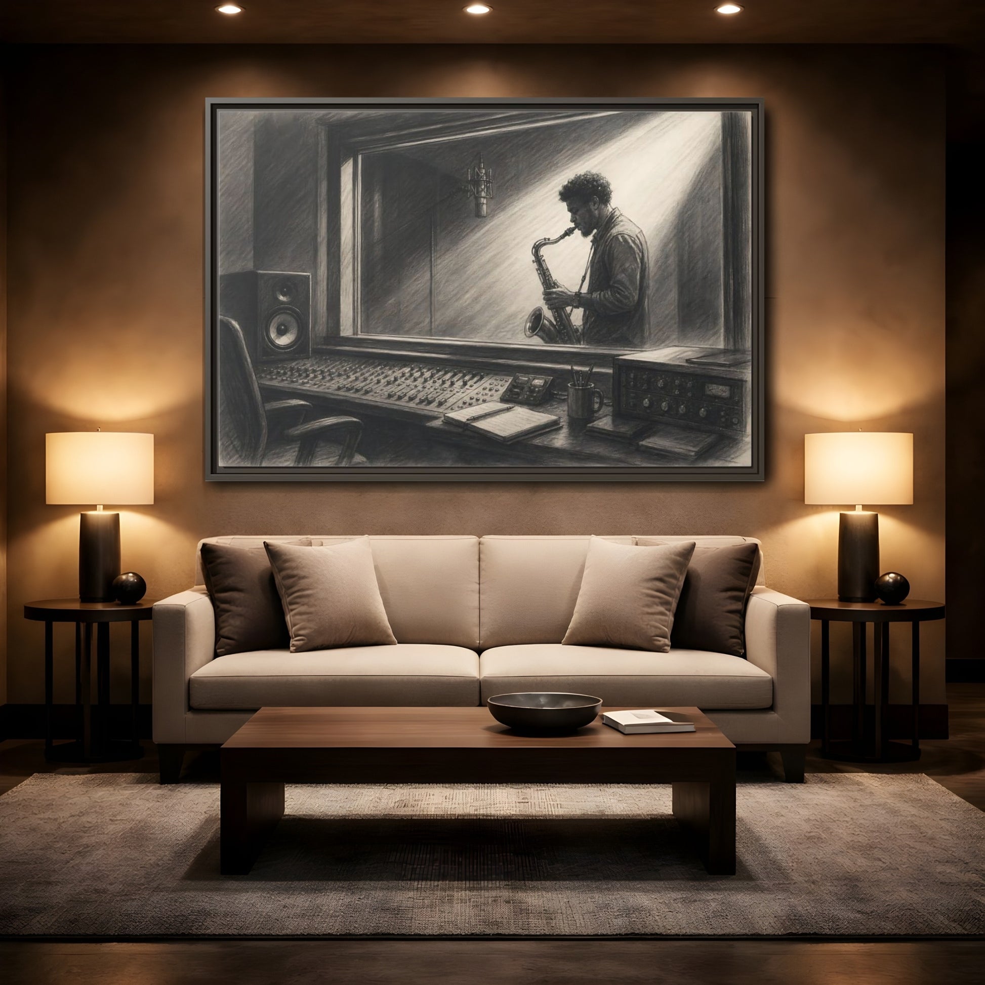 Mockup 2. Vintage Saxophone Player Monochrome Musician shown as framed canvas print