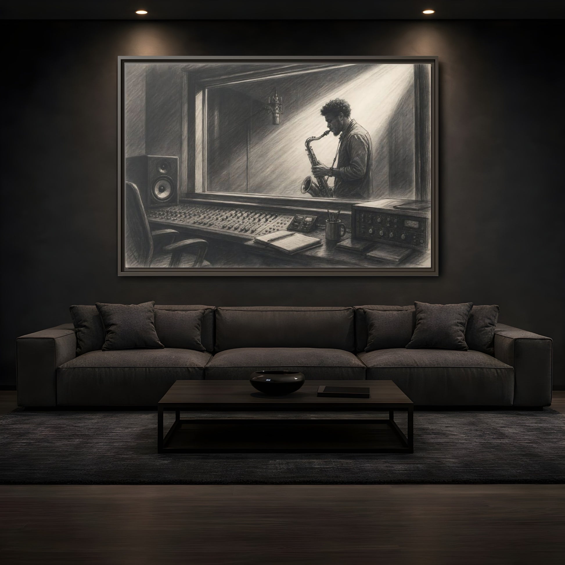 Mockup 3. Vintage Saxophone Player Monochrome Musician shown as framed canvas print