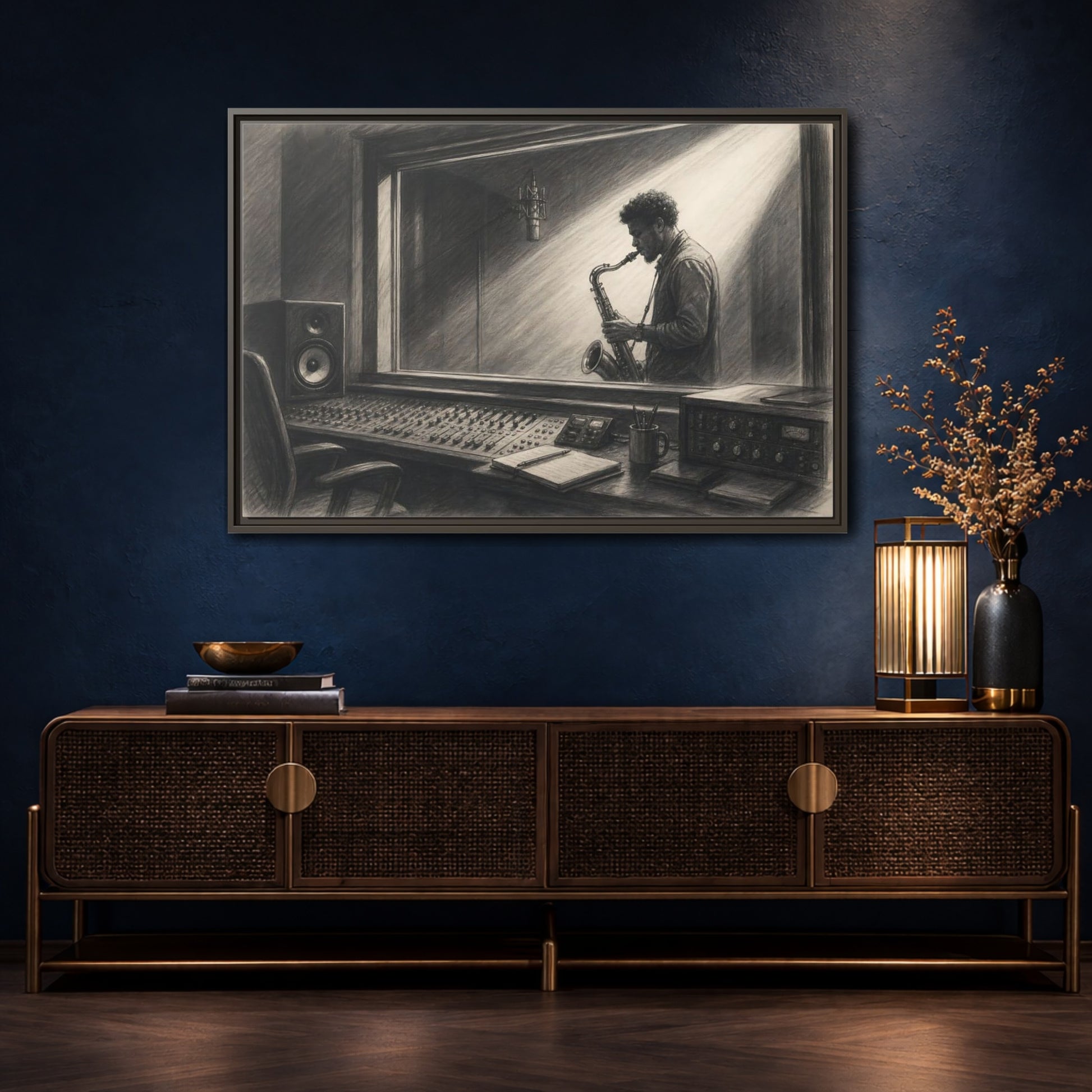 Mockup 4. Vintage Saxophone Player Monochrome Musician shown as framed canvas print