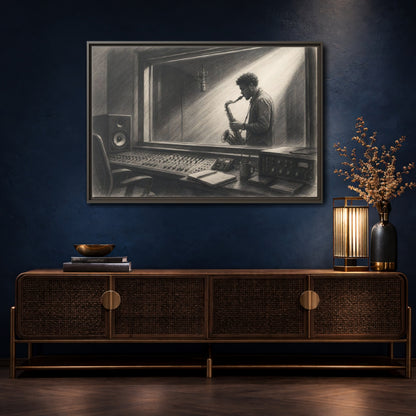 Mockup 4. Vintage Saxophone Player Monochrome Musician shown as framed canvas print
