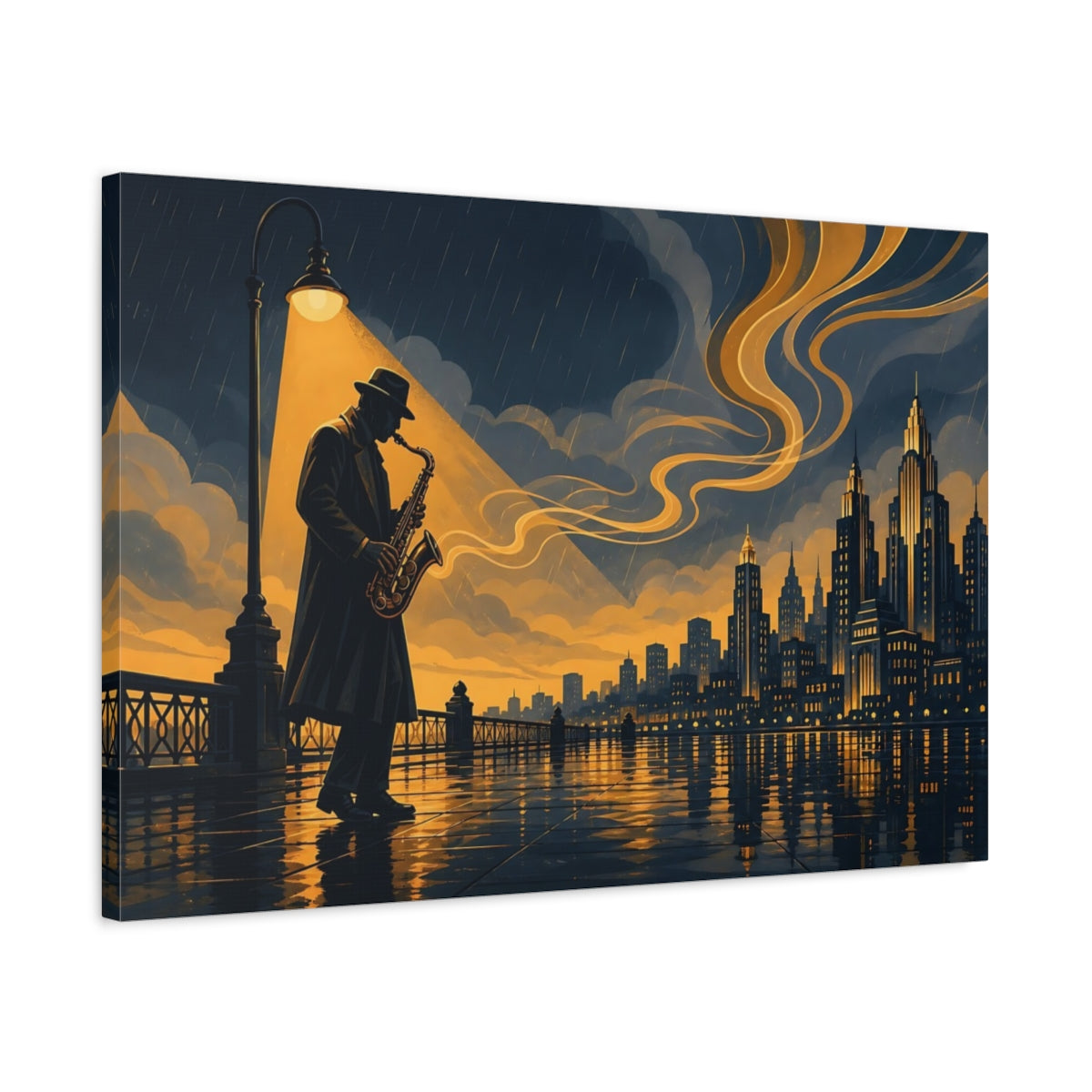Side Mockup 2. Vintage Saxophonist Blue And Gold shown as canvas print