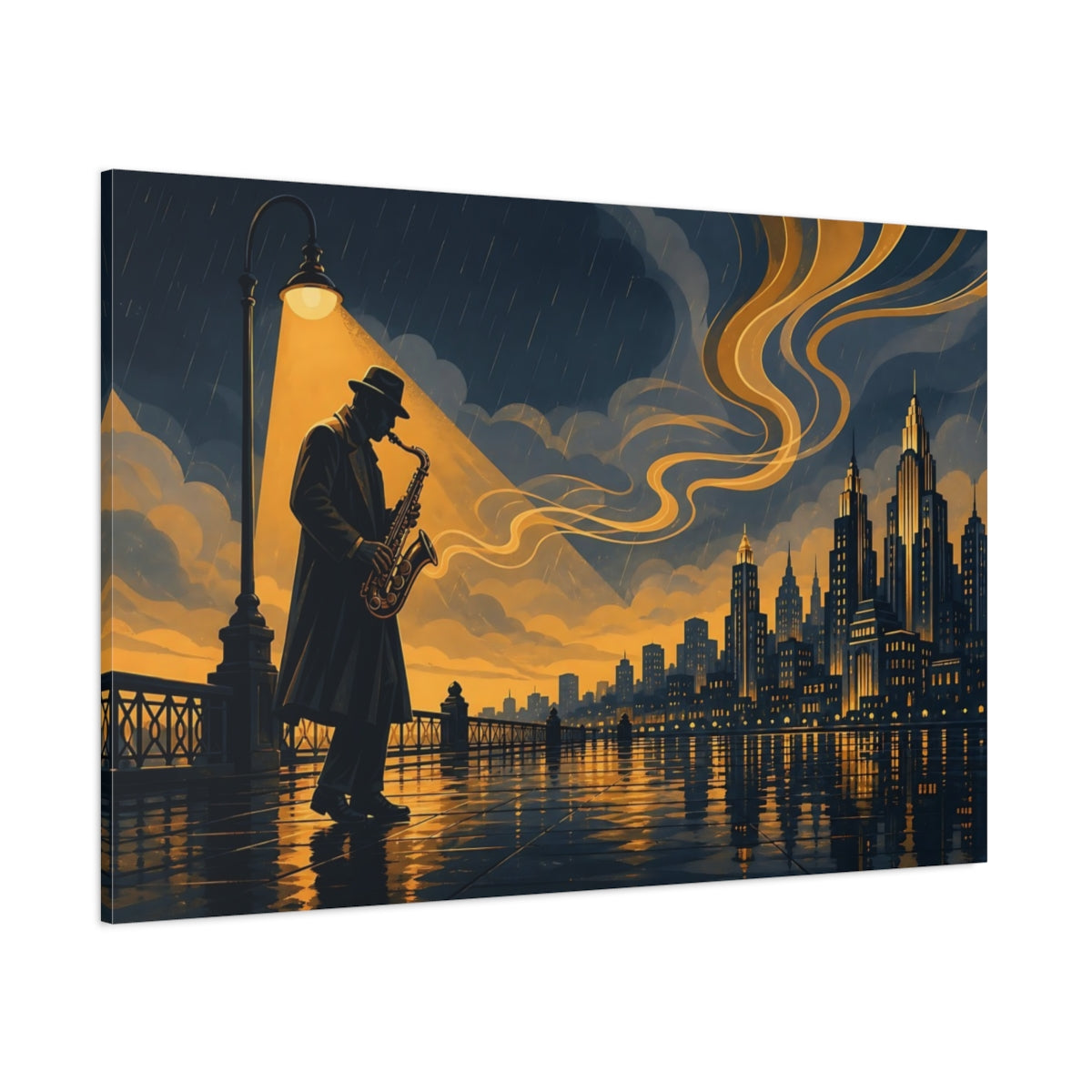 Side Mockup 1. Vintage Saxophonist Blue And Gold shown as canvas print