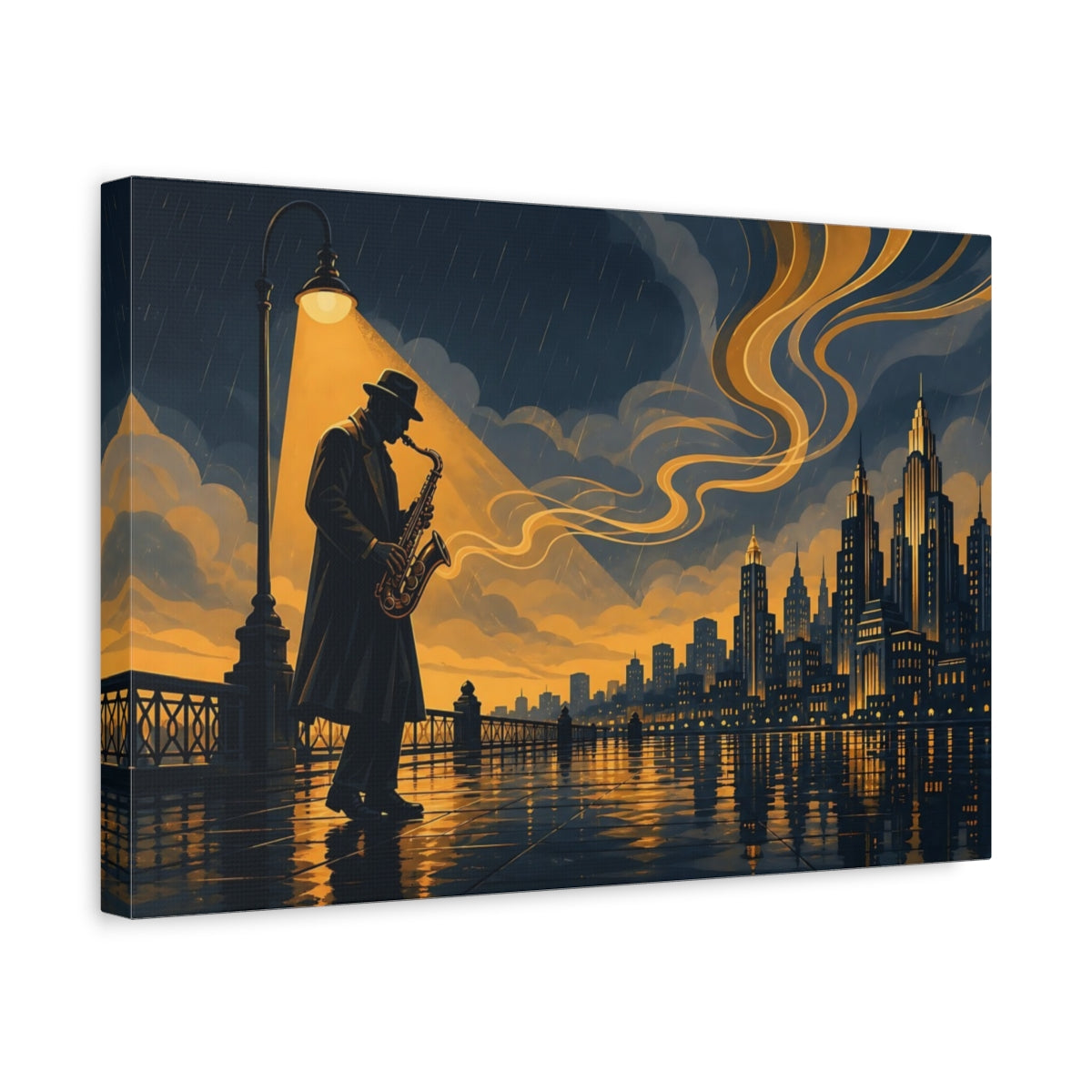 Side Mockup 4. Vintage Saxophonist Blue And Gold shown as canvas print
