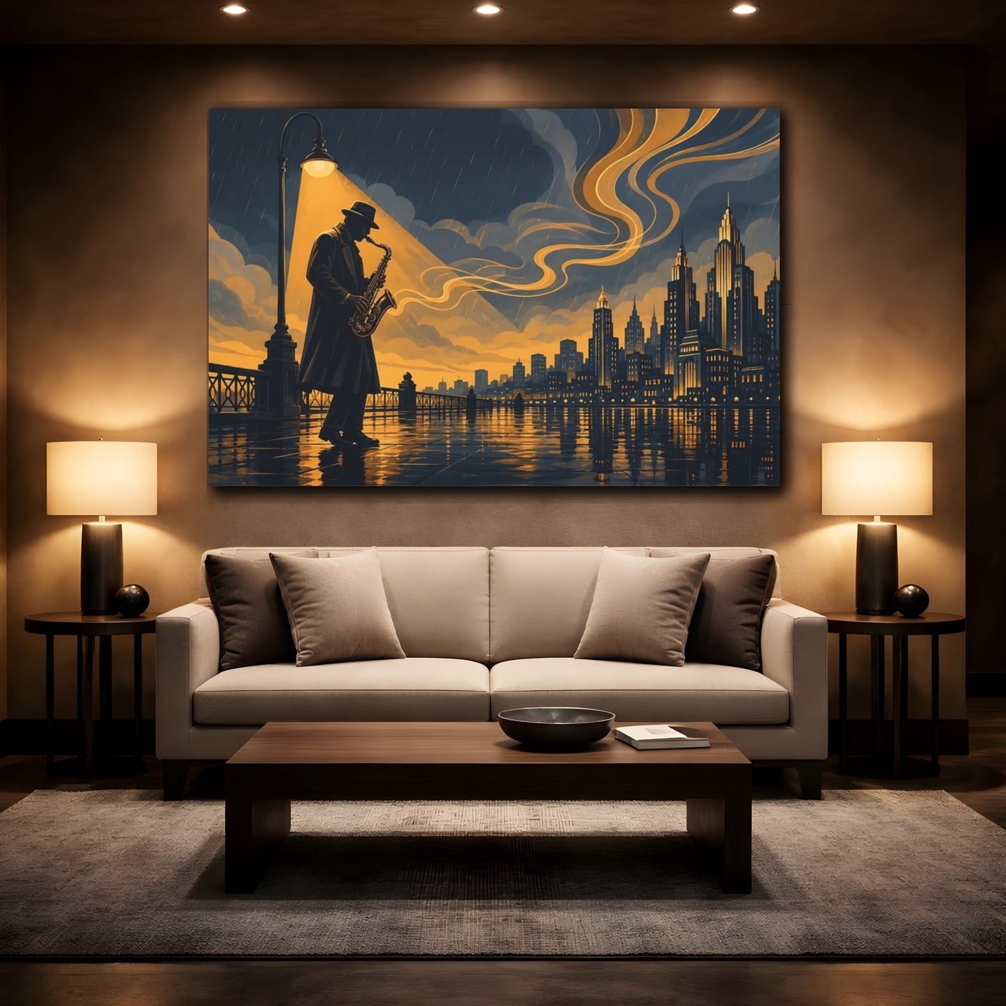 Mockup 2. Vintage Saxophonist Blue And Gold shown as canvas print