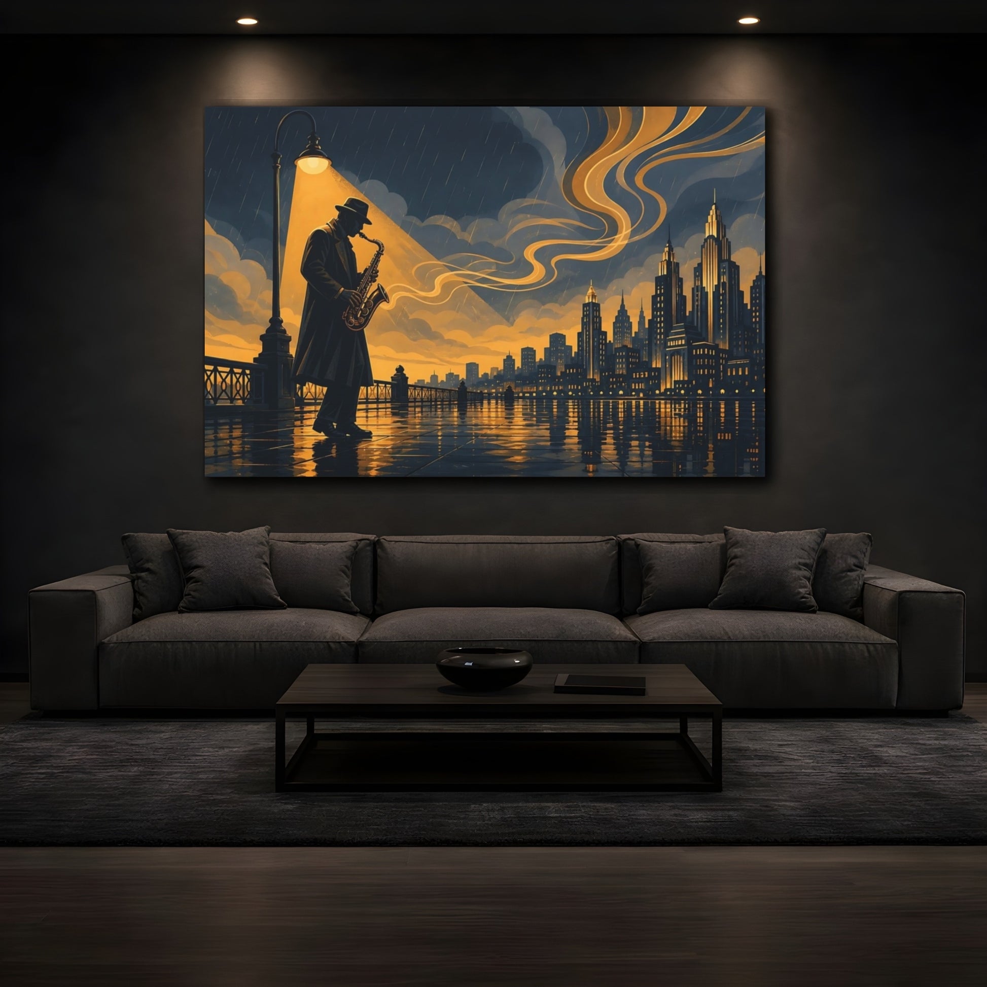 Mockup 3. Vintage Saxophonist Blue And Gold shown as canvas print