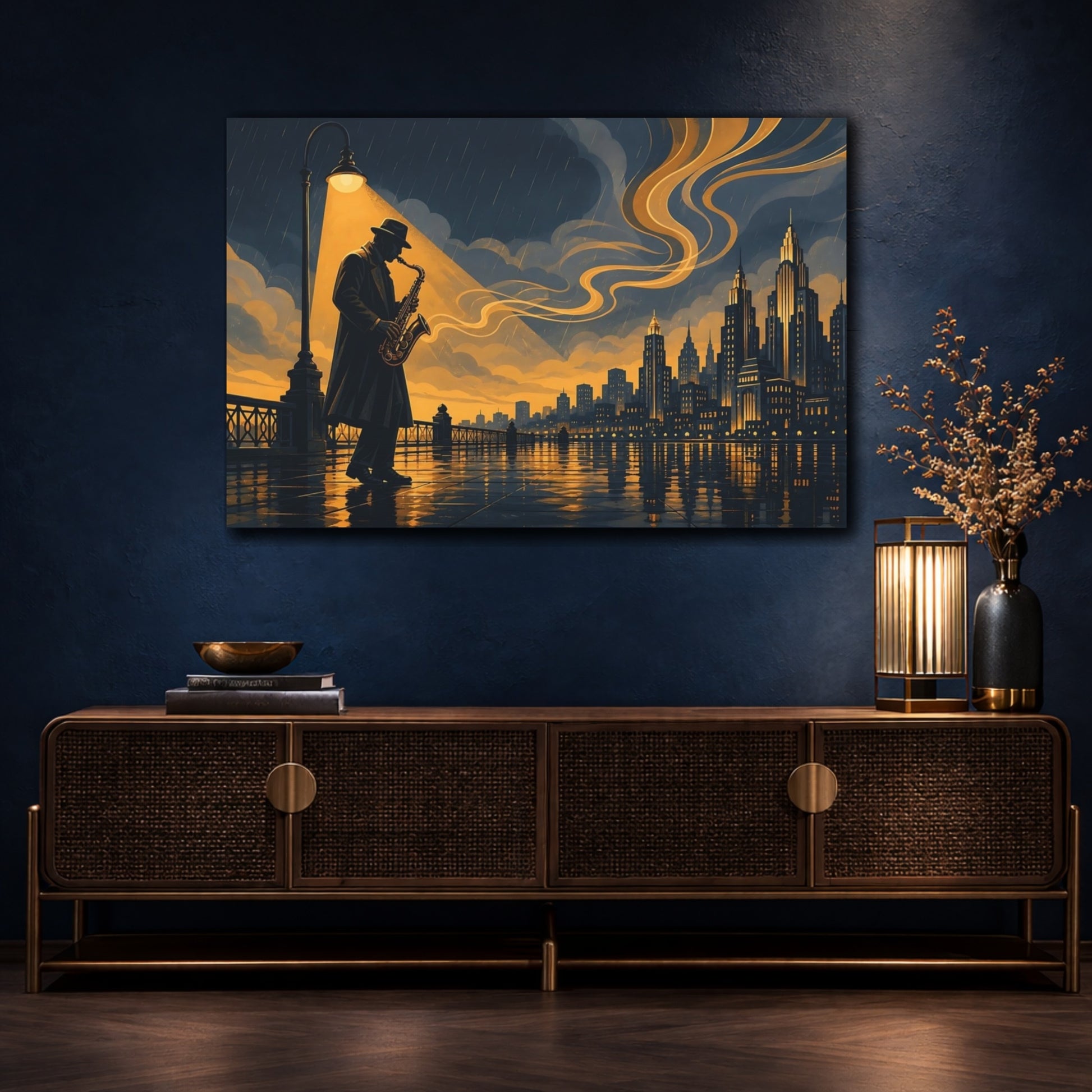 Mockup 4. Vintage Saxophonist Blue And Gold shown as canvas print
