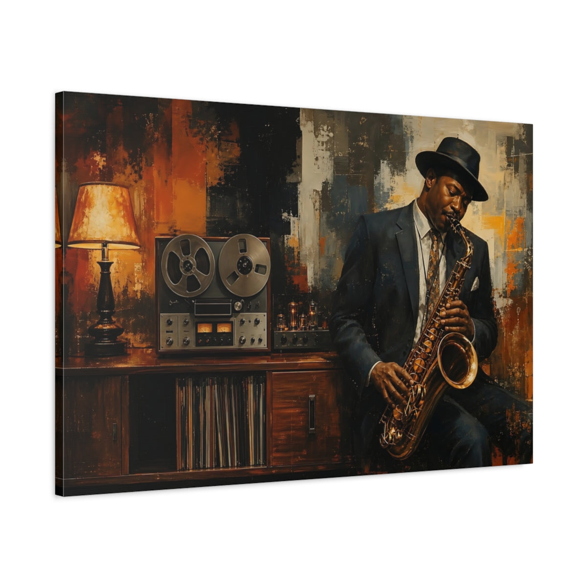Main Mockup. Vintage Saxophonist Brown And Orange Jazz shown as canvas print