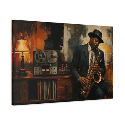 Side Mockup 2. Vintage Saxophonist Brown And Orange Jazz shown as canvas print