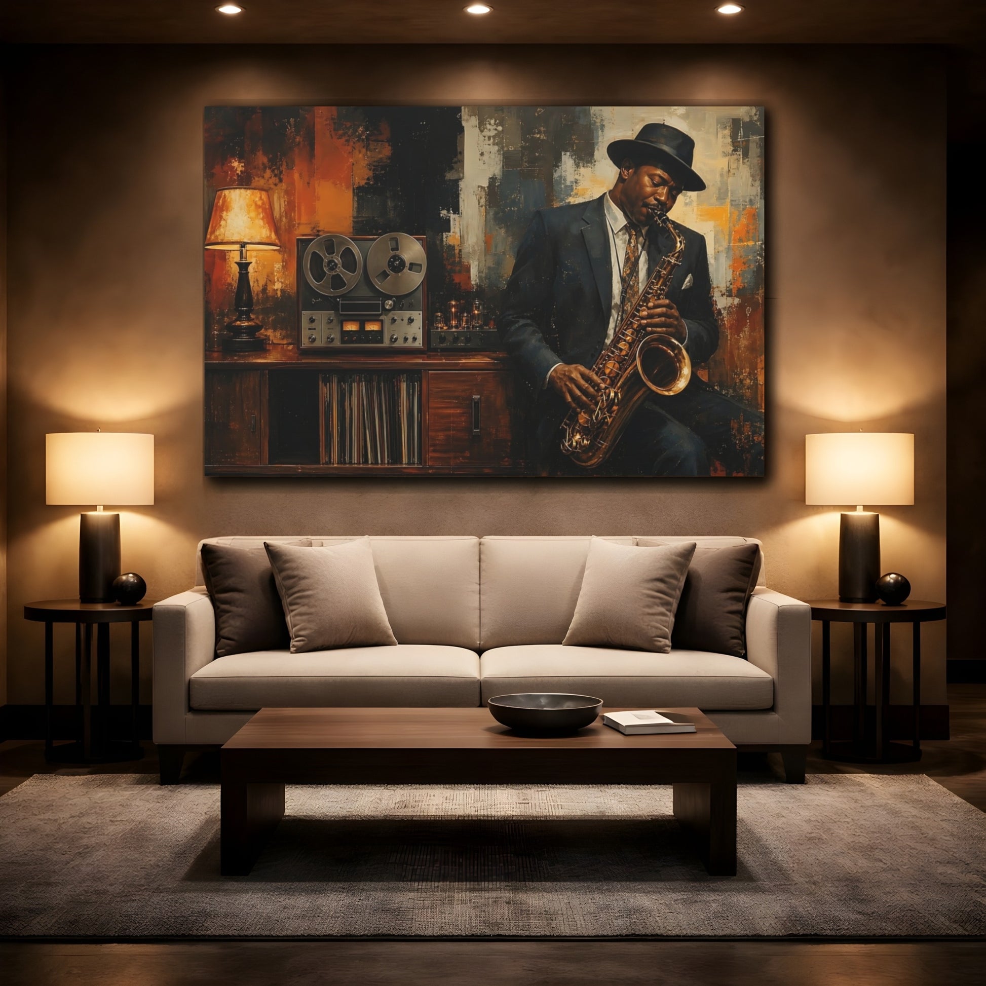 Mockup 2. Vintage Saxophonist Brown And Orange Jazz shown as canvas print