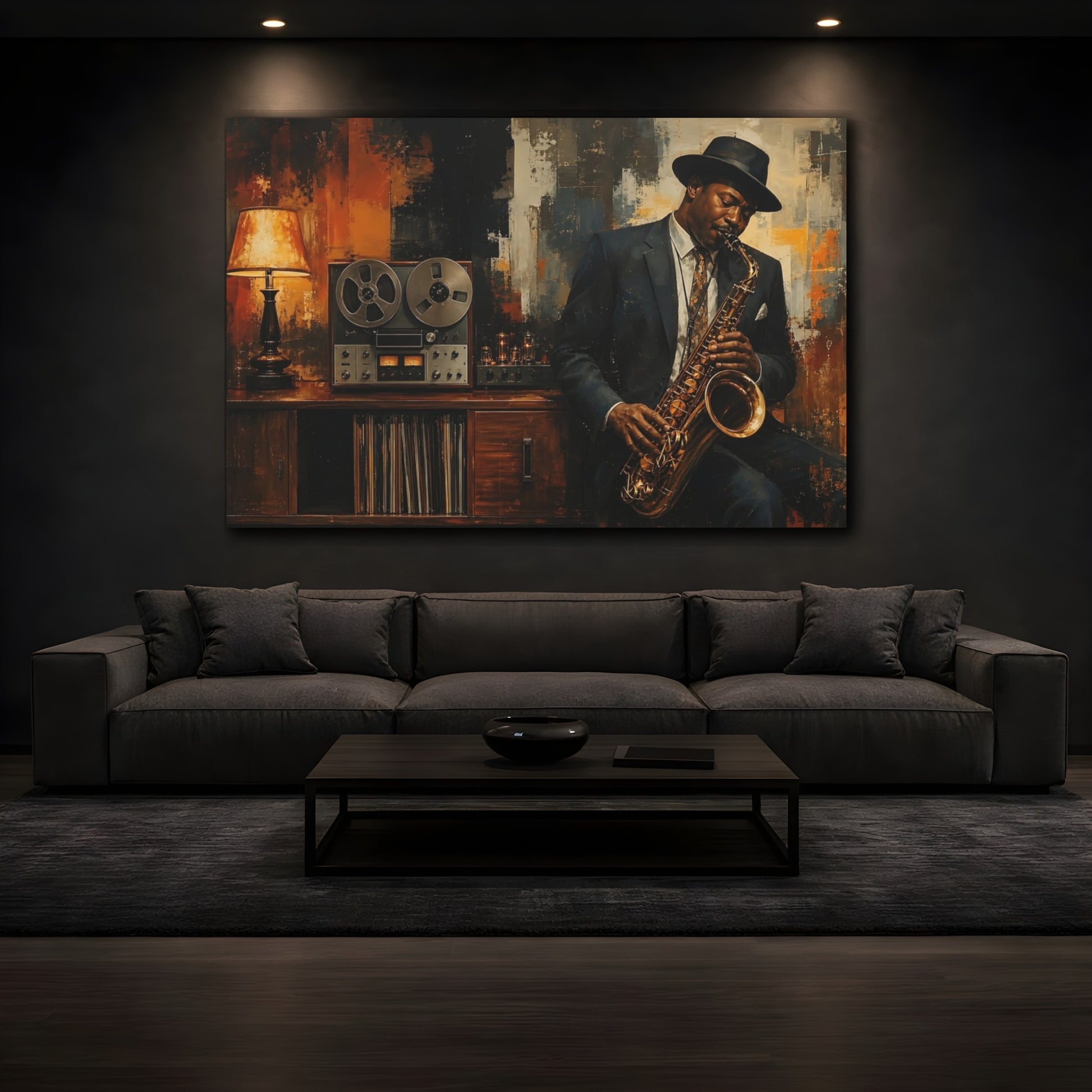 Mockup 3. Vintage Saxophonist Brown And Orange Jazz shown as canvas print