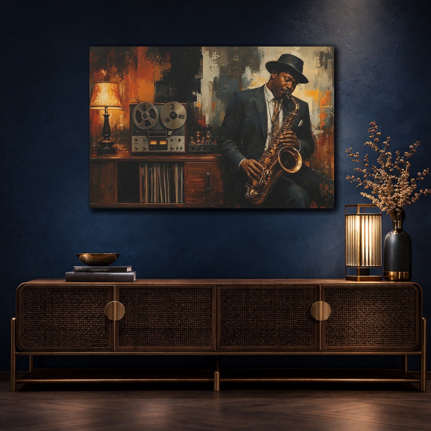 Mockup 4. Vintage Saxophonist Brown And Orange Jazz shown as canvas print