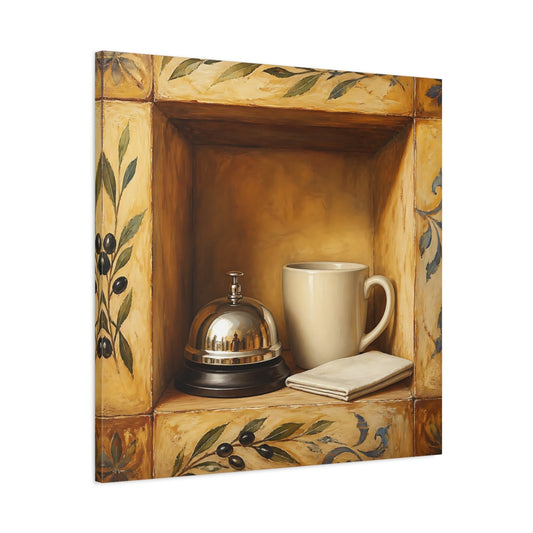 Main Mockup. Vintage Service Bell Warm Tones shown as stretched canvas wall art