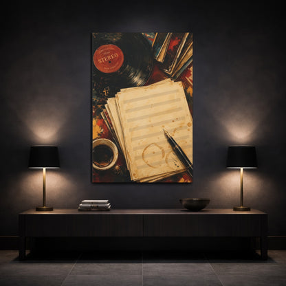 Mockup 3. Vintage Sheet Music & Vinyl shown as canvas print