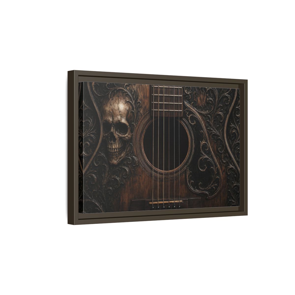 Side Mockup 5. Vintage Skull Guitar Carved Skull Guitar shown as stretched canvas wall art
