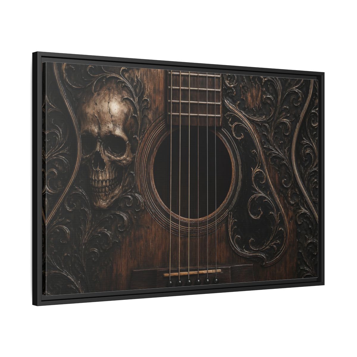 Side Mockup 13. Vintage Skull Guitar Carved Skull Guitar shown as stretched canvas wall art