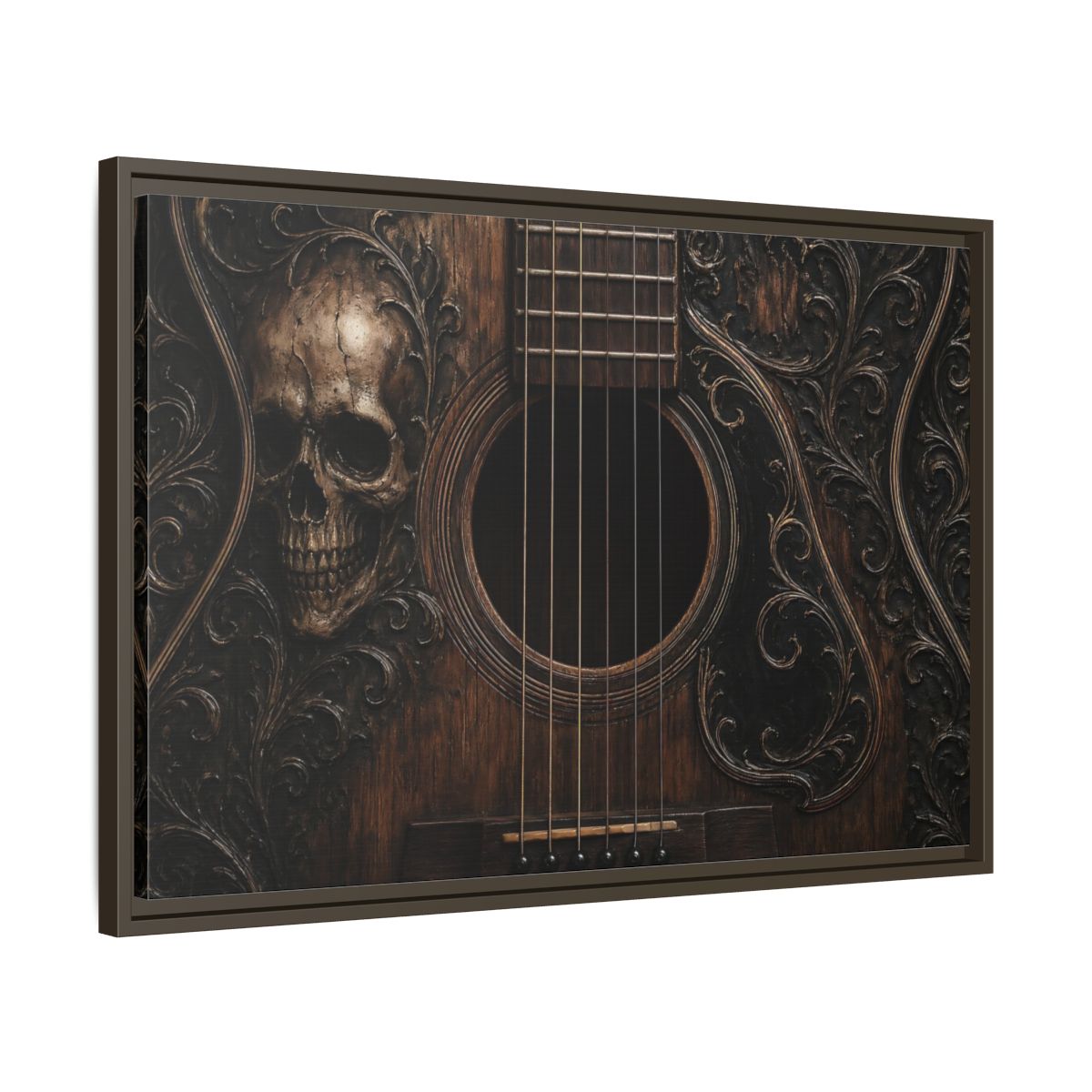 Side Mockup 11. Vintage Skull Guitar Carved Skull Guitar shown as stretched canvas wall art