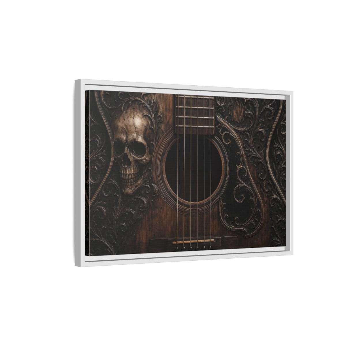 Side Mockup 1. Vintage Skull Guitar Carved Skull Guitar shown as stretched canvas wall art