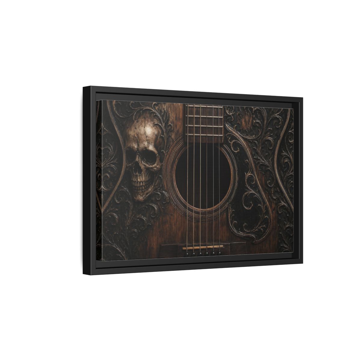 Side Mockup 6. Vintage Skull Guitar Carved Skull Guitar shown as stretched canvas wall art