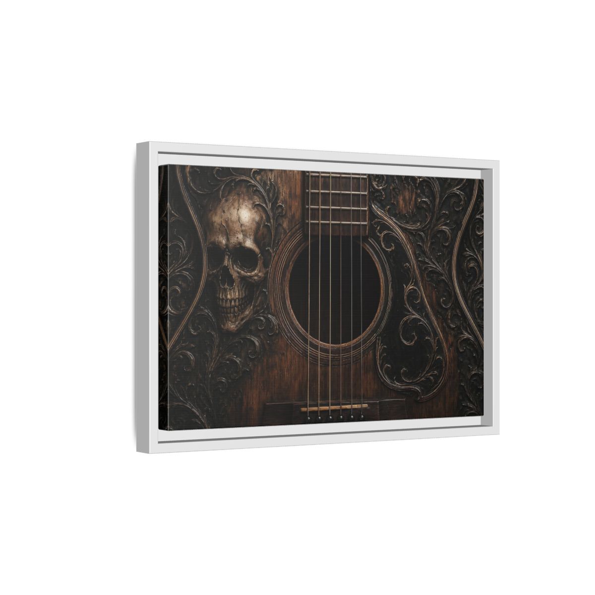 Side Mockup 4. Vintage Skull Guitar Carved Skull Guitar shown as stretched canvas wall art