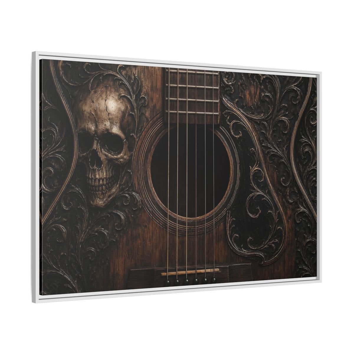 Side Mockup 7. Vintage Skull Guitar Carved Skull Guitar shown as stretched canvas wall art