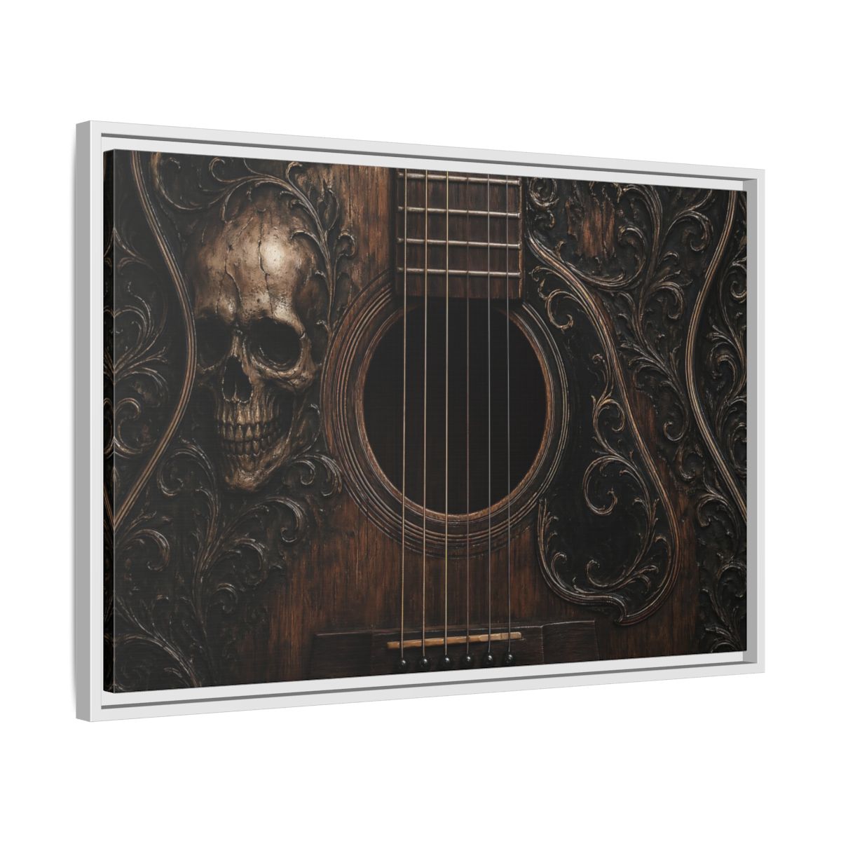 Side Mockup 10. Vintage Skull Guitar Carved Skull Guitar shown as stretched canvas wall art