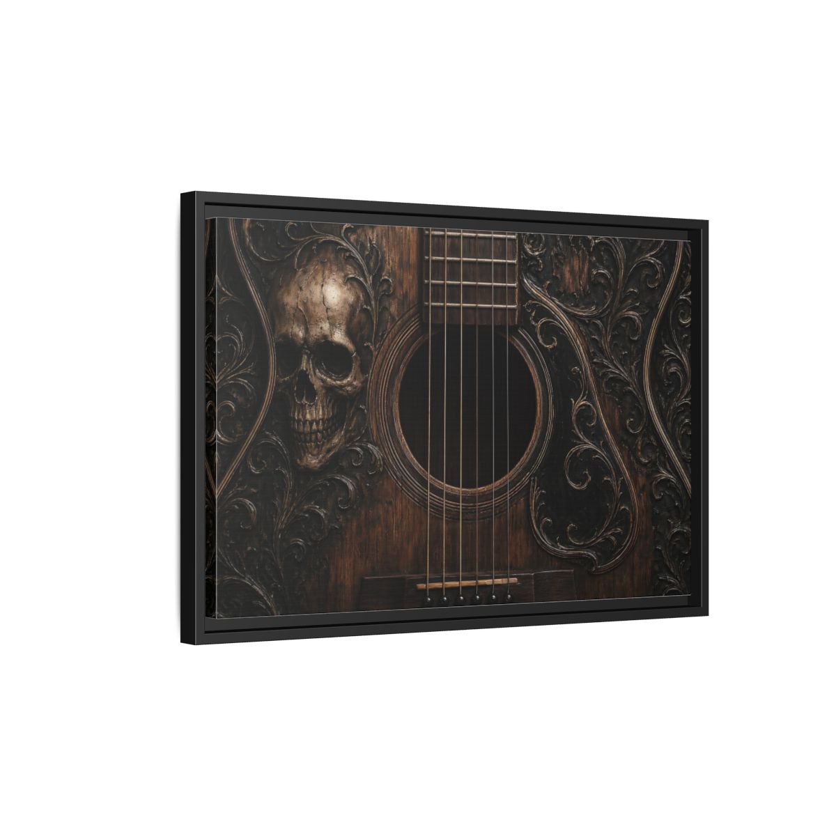 Side Mockup 3. Vintage Skull Guitar Carved Skull Guitar shown as stretched canvas wall art