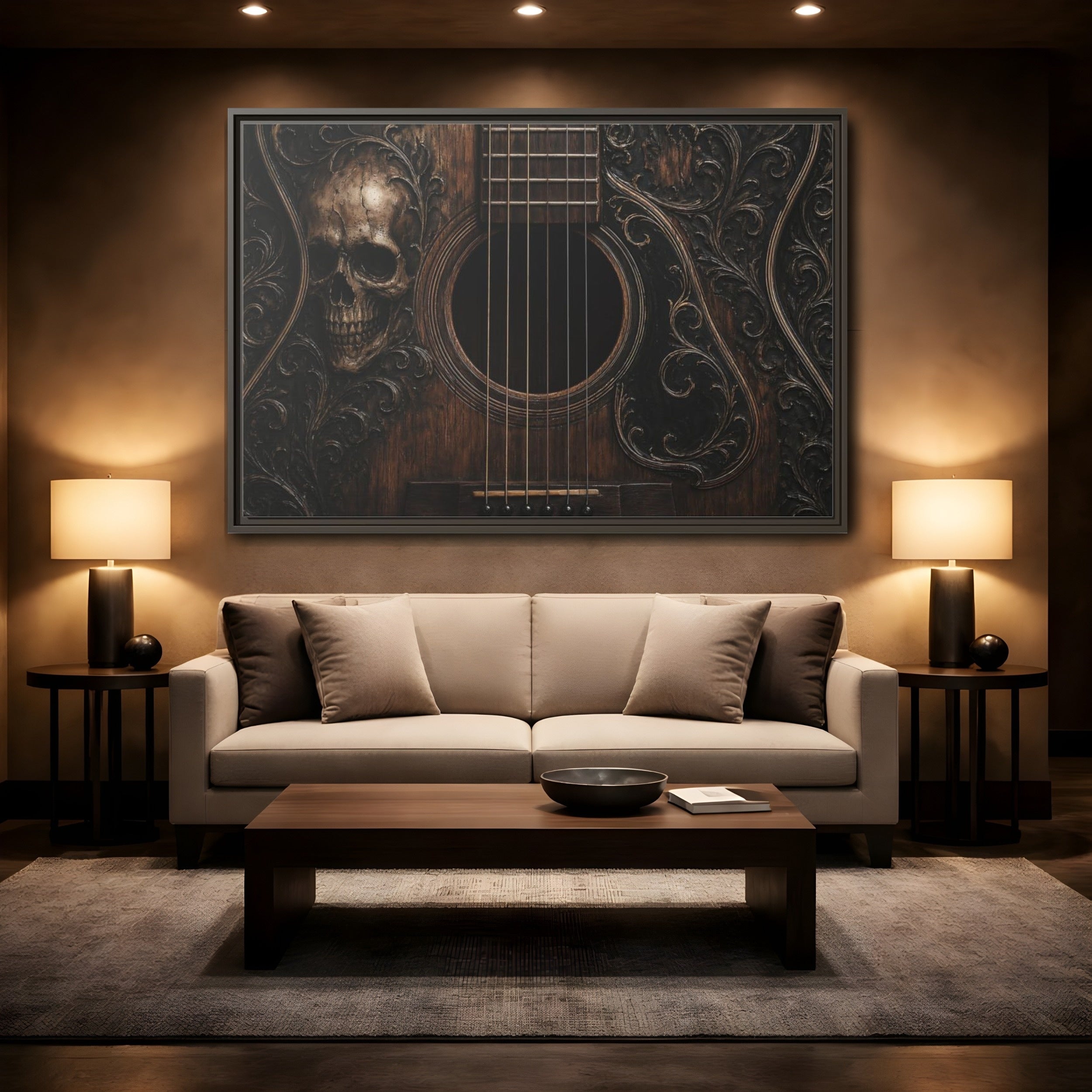 Mockup 2. Vintage Skull Guitar Carved Skull Guitar shown as stretched canvas wall art