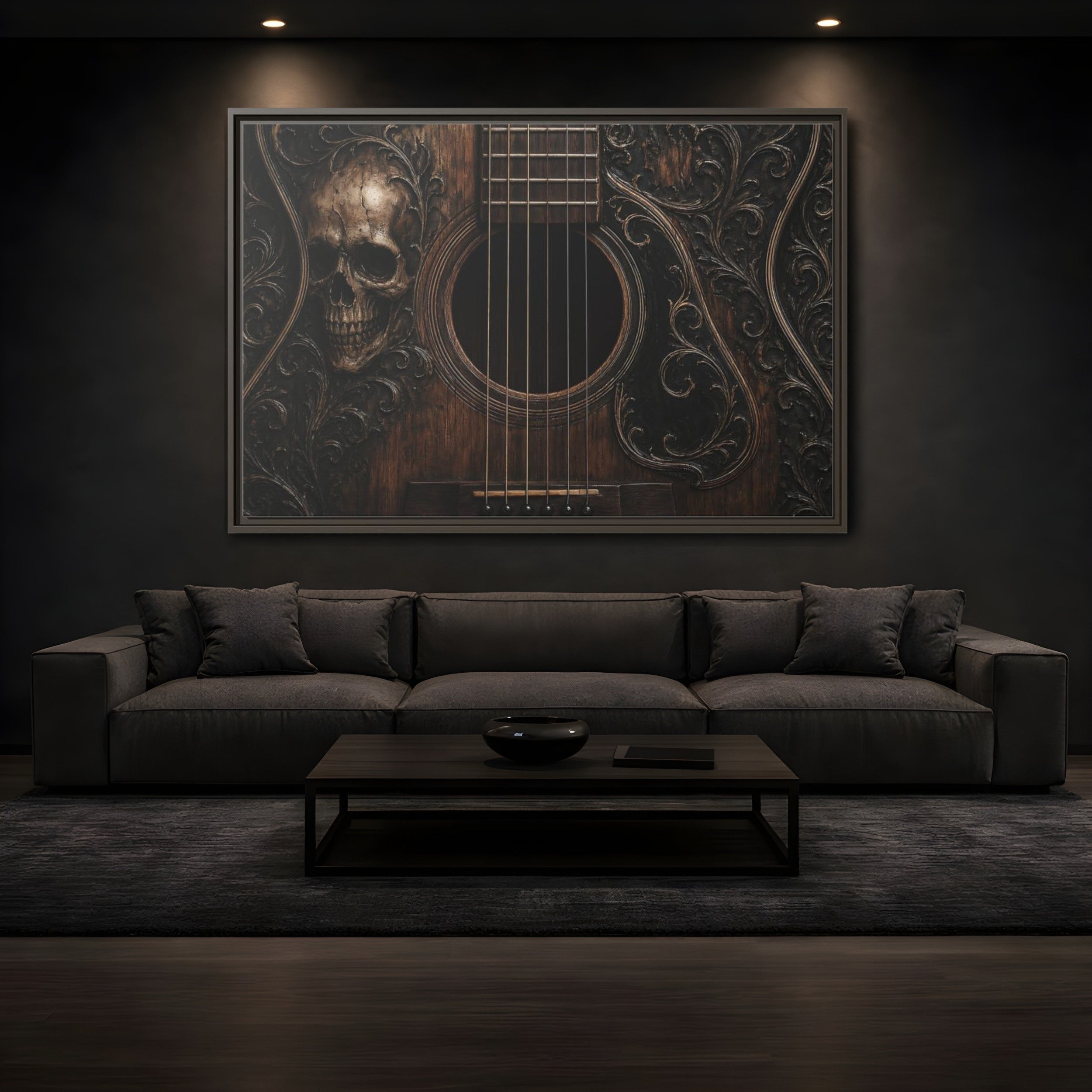 Mockup 3. Vintage Skull Guitar Carved Skull Guitar shown as stretched canvas wall art