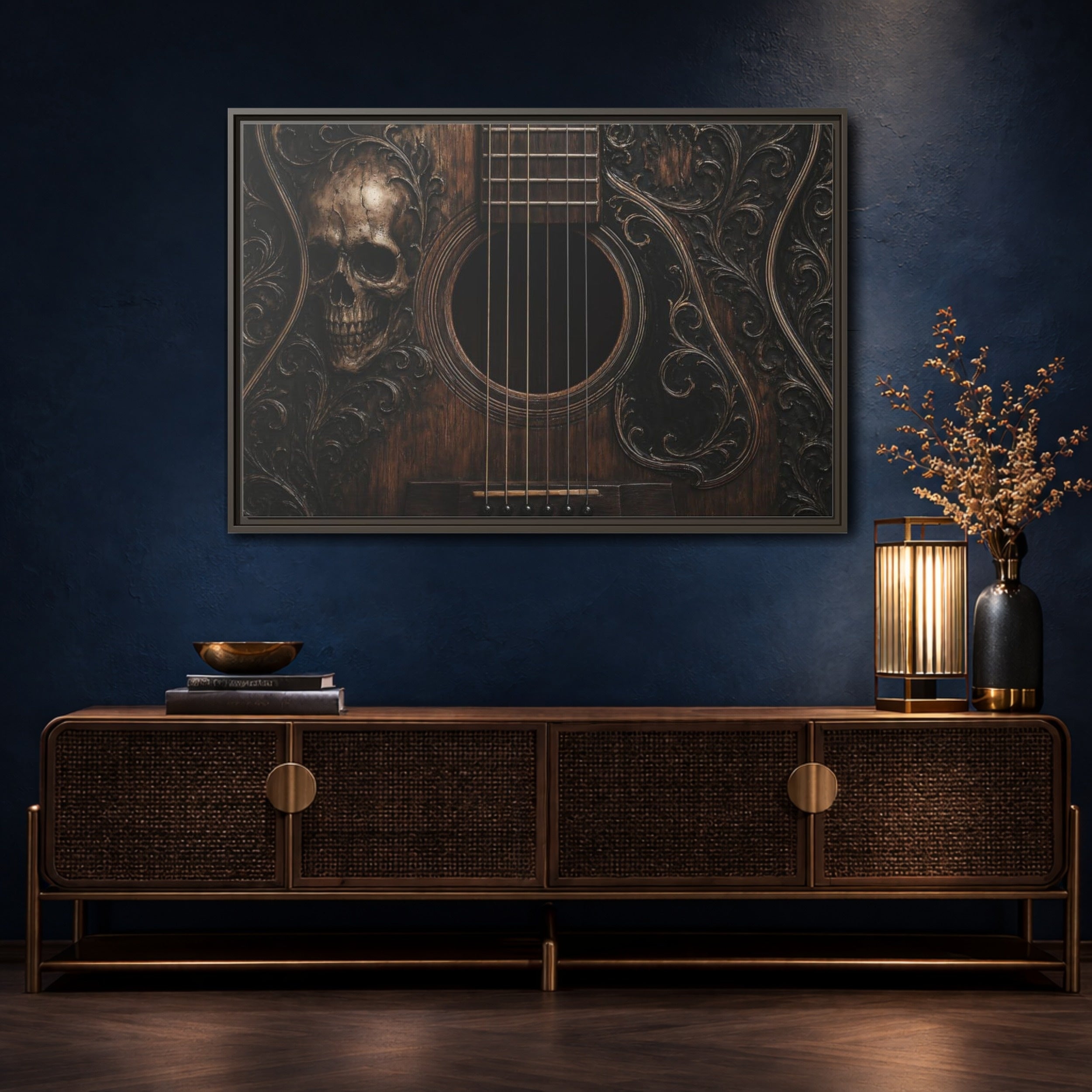 Mockup 4. Vintage Skull Guitar Carved Skull Guitar shown as stretched canvas wall art
