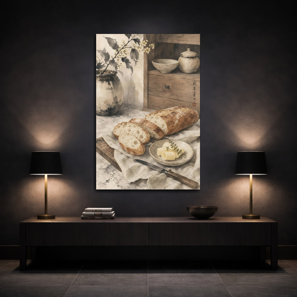 Mockup 3. Vintage Sliced Bread Brown And Beige shown as stretched canvas wall art