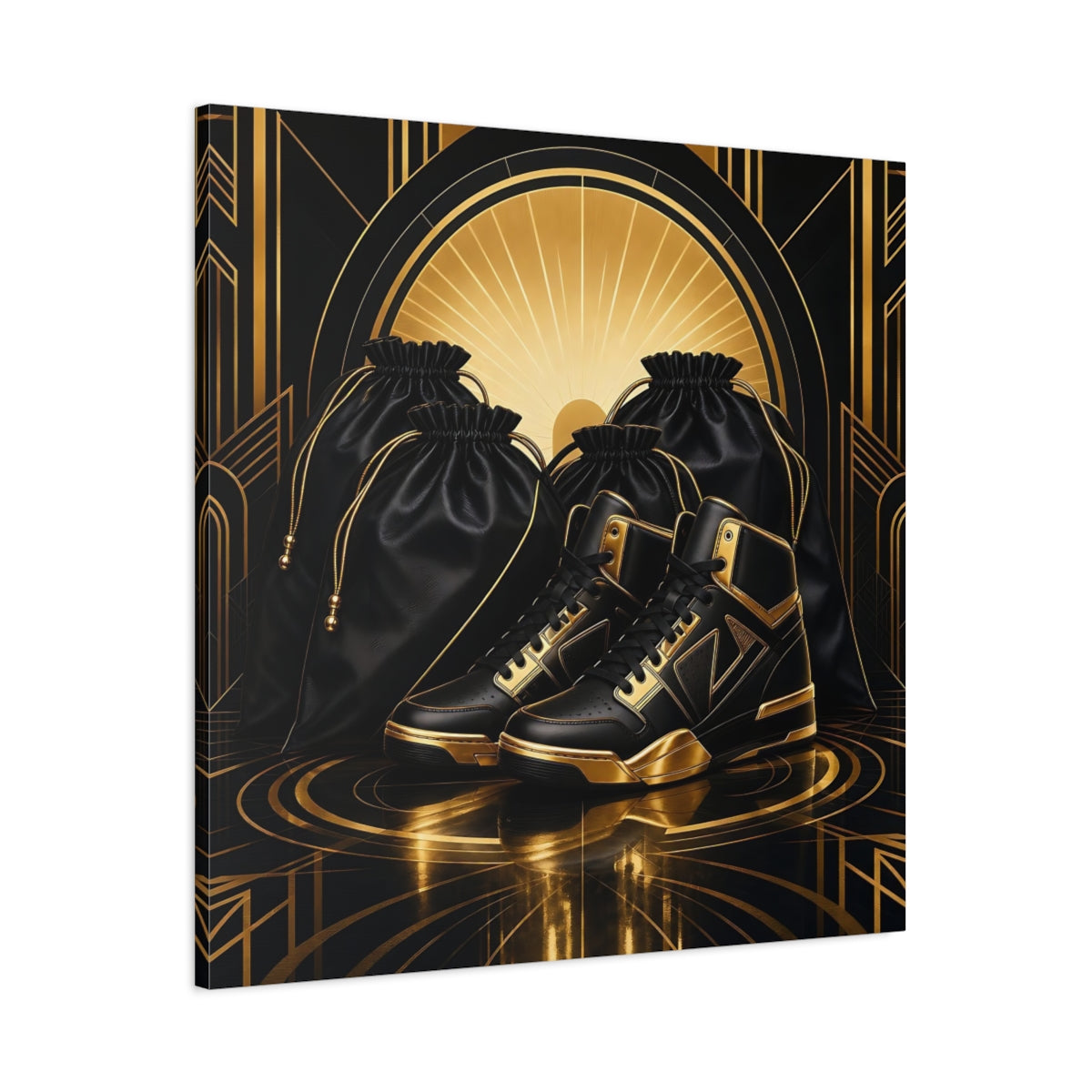 Main Mockup. Vintage Sneakers Black And Gold shown as canvas print