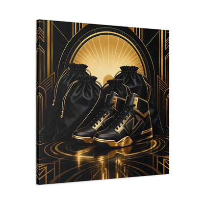 Main Mockup. Vintage Sneakers Black And Gold shown as canvas print