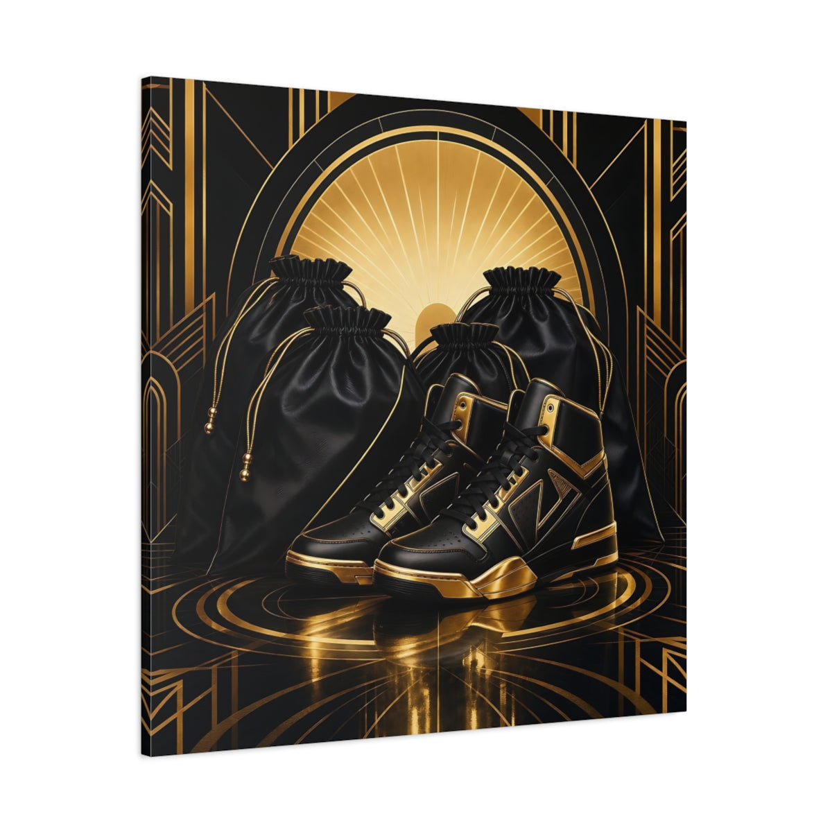 Side Mockup 1. Vintage Sneakers Black And Gold shown as canvas print