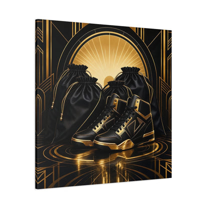 Side Mockup 1. Vintage Sneakers Black And Gold shown as canvas print