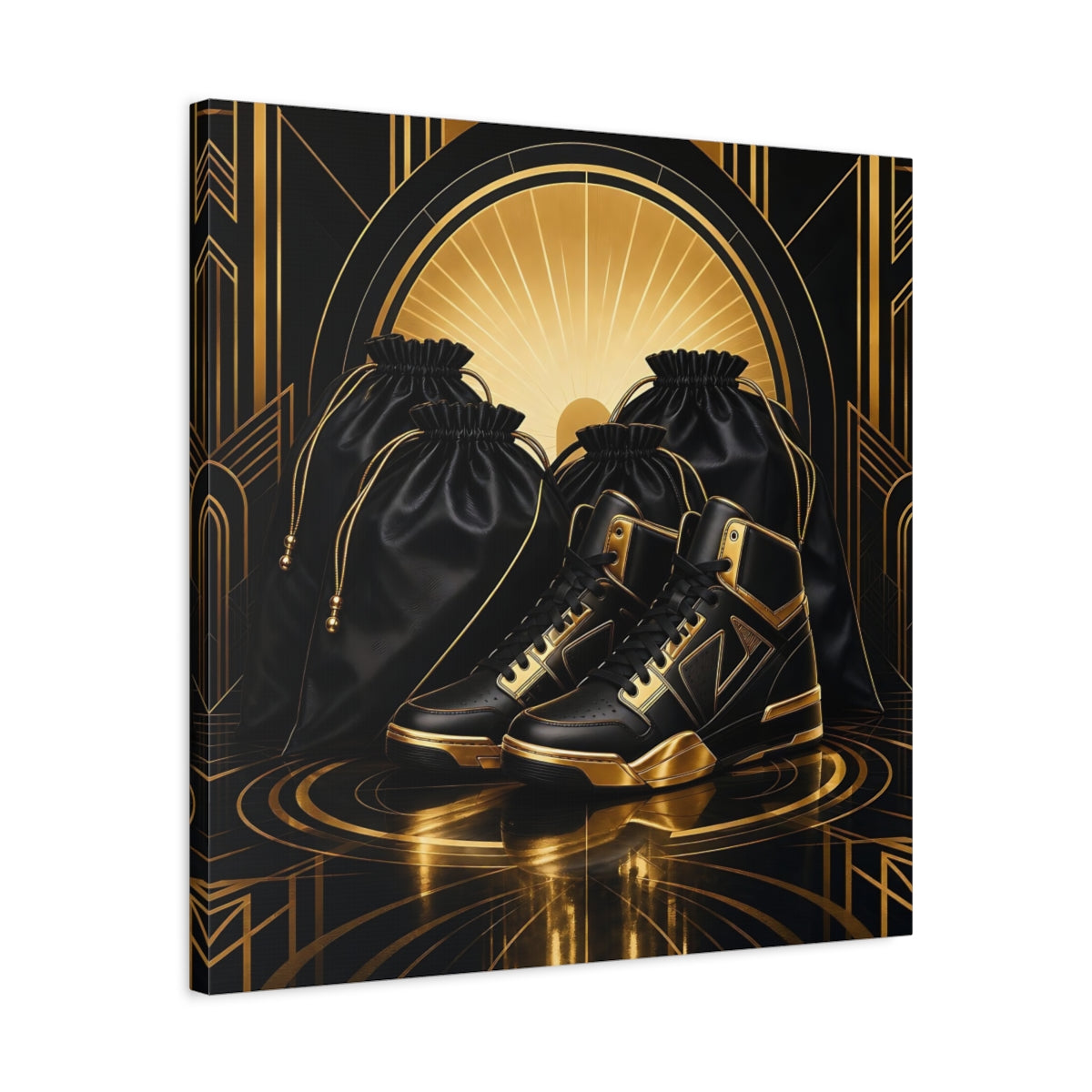 Side Mockup 4. Vintage Sneakers Black And Gold shown as canvas print