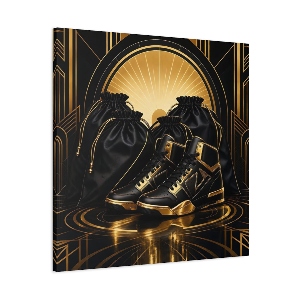 Side Mockup 3. Vintage Sneakers Black And Gold shown as canvas print