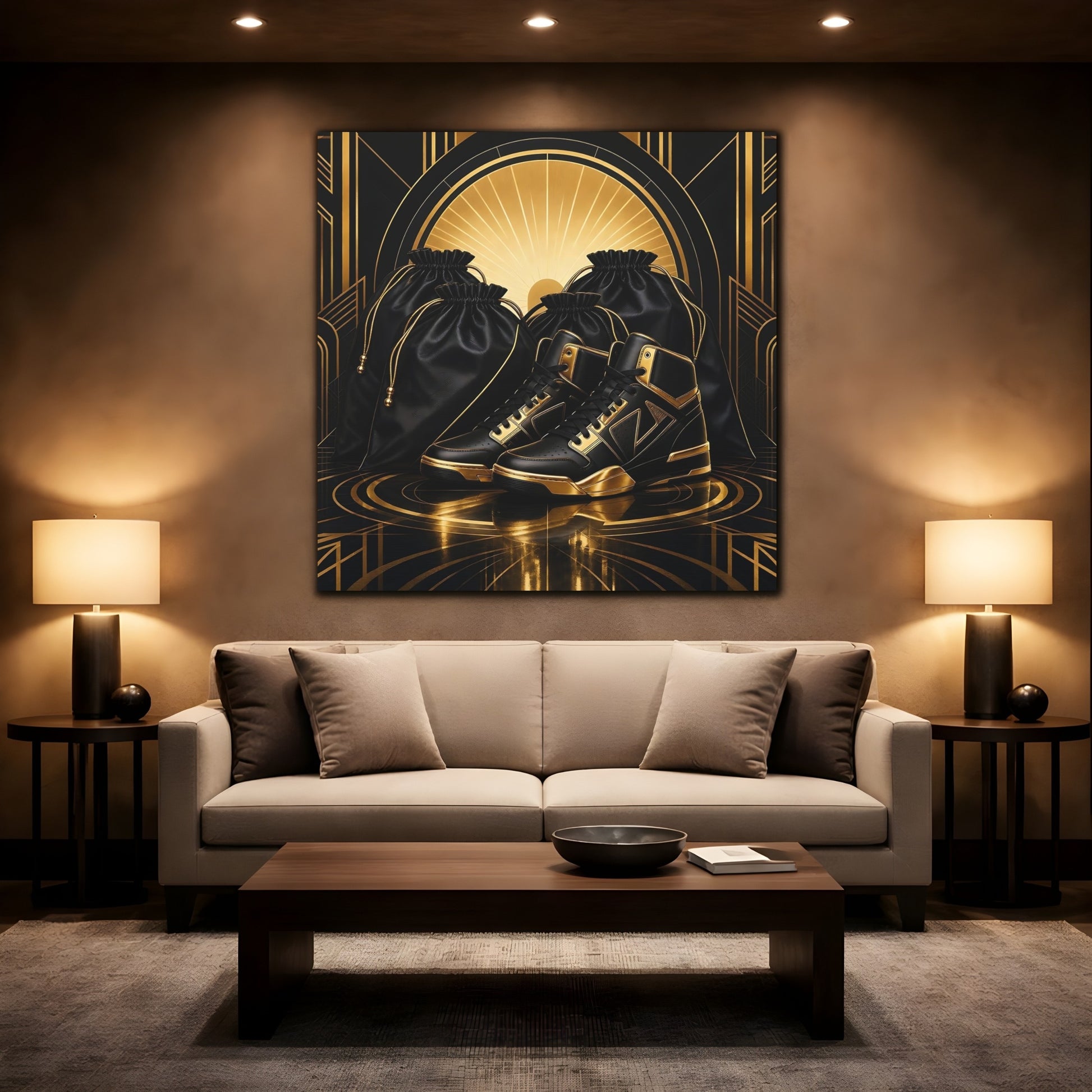 Mockup 2. Vintage Sneakers Black And Gold shown as canvas print