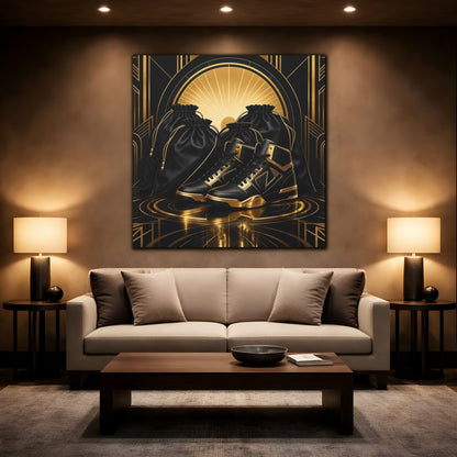 Mockup 2. Vintage Sneakers Black And Gold shown as canvas print
