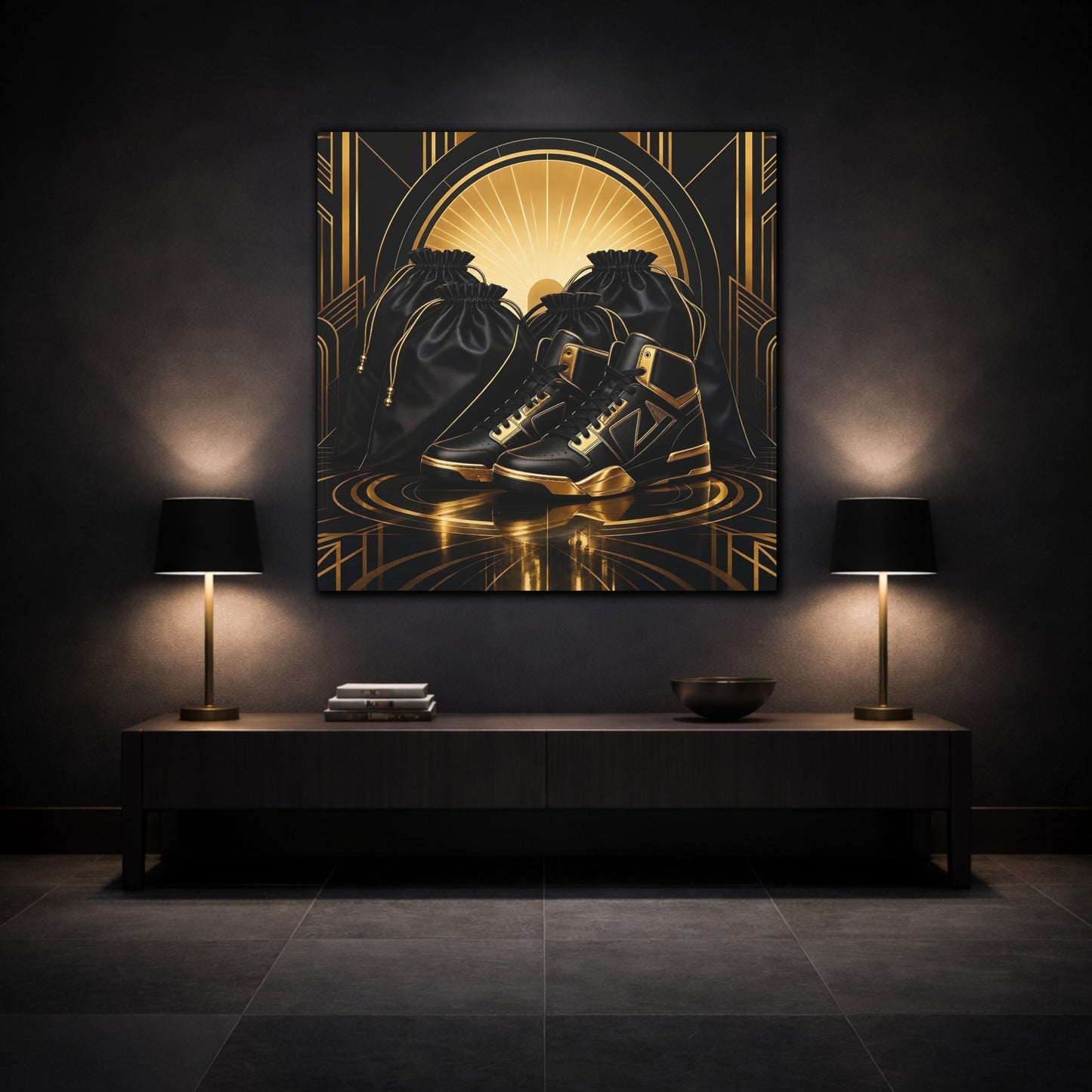 Mockup 3. Vintage Sneakers Black And Gold shown as canvas print