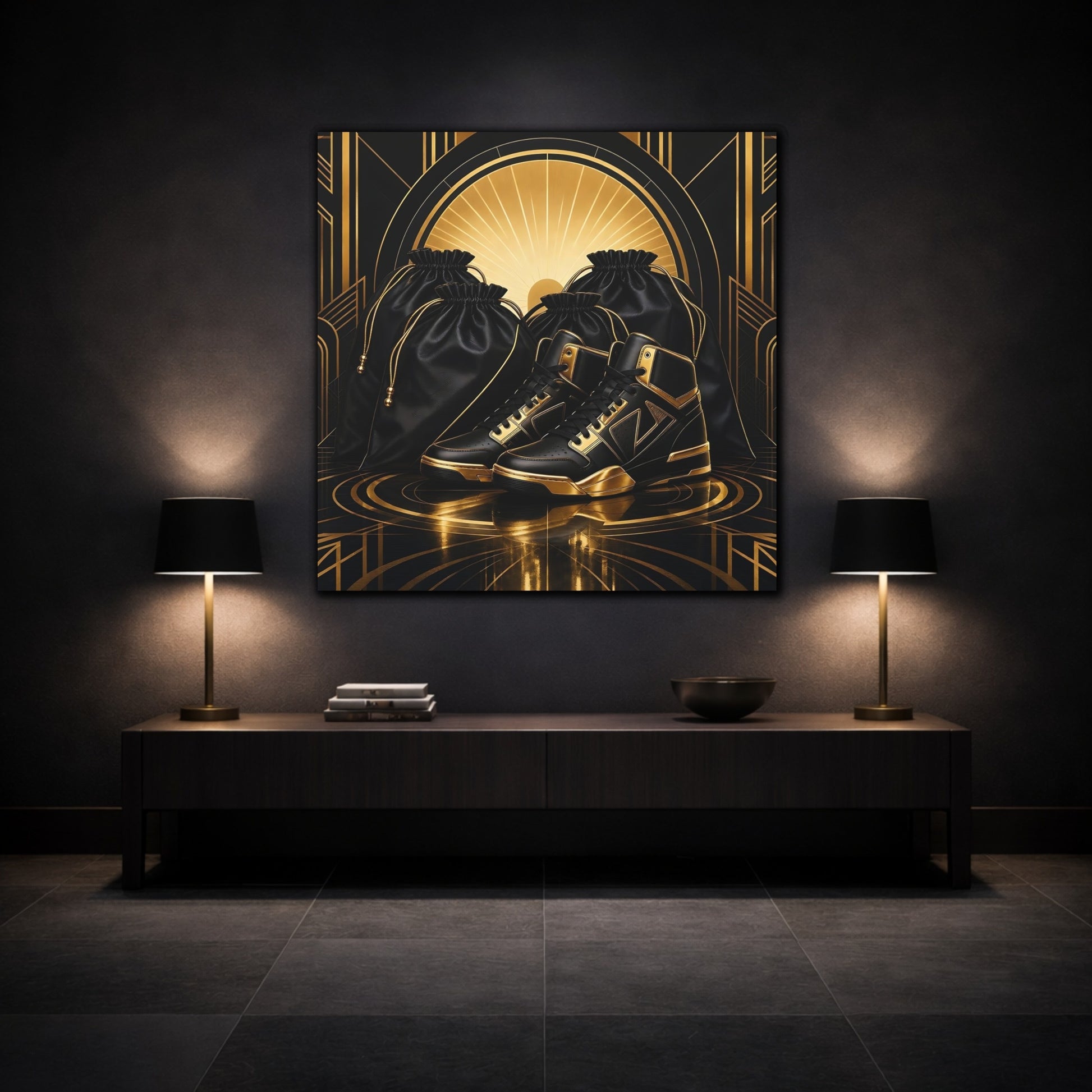 Mockup 3. Vintage Sneakers Black And Gold shown as canvas print