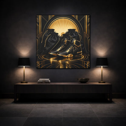 Mockup 3. Vintage Sneakers Black And Gold shown as canvas print